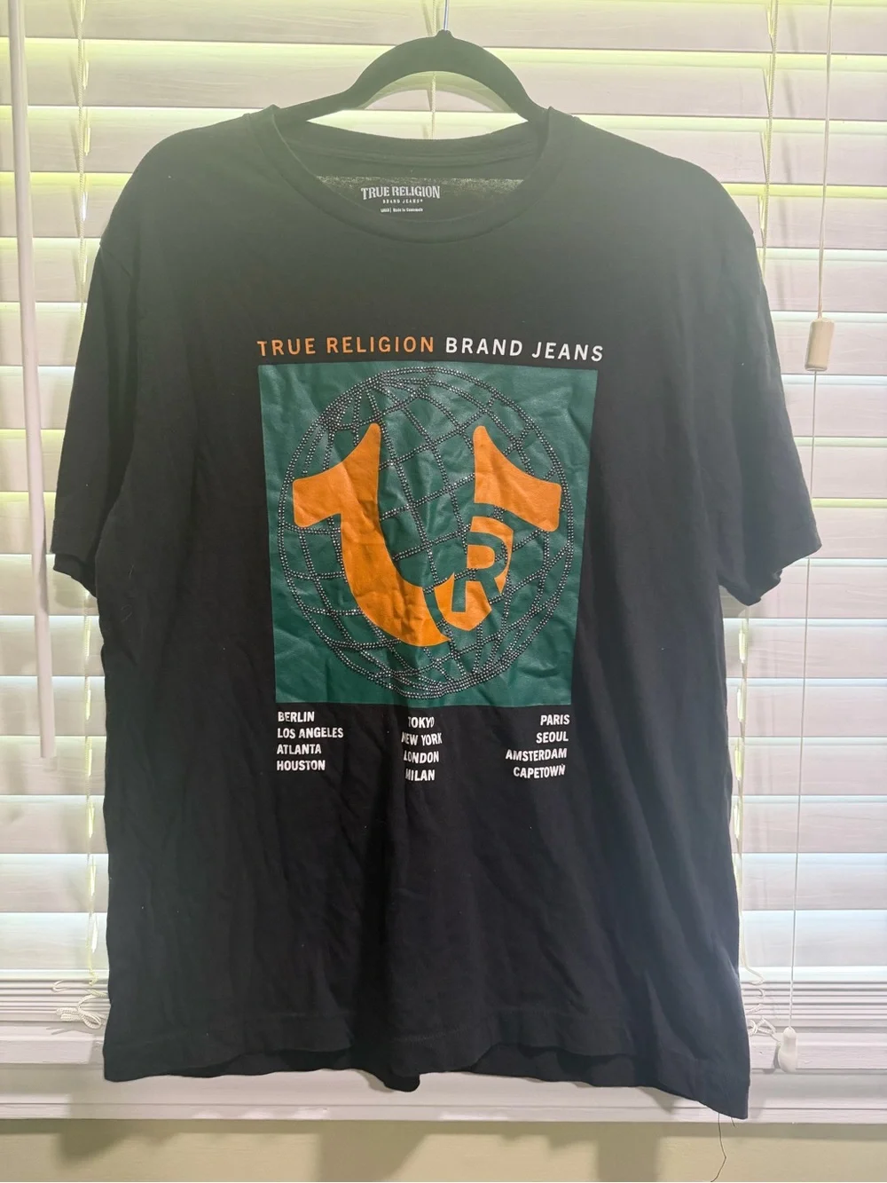 True Religion Black Short-Sleeve Tee with Orange Logo on Green Panel